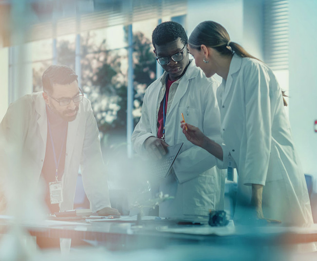 Scientists collaborating at a laboratory bench on immunology research